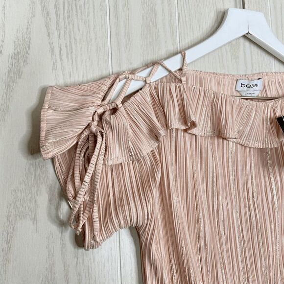Bebe Women's Cross Detail Ruffle Top Pink Size Small Metallic Striped - Picture 2 of 6